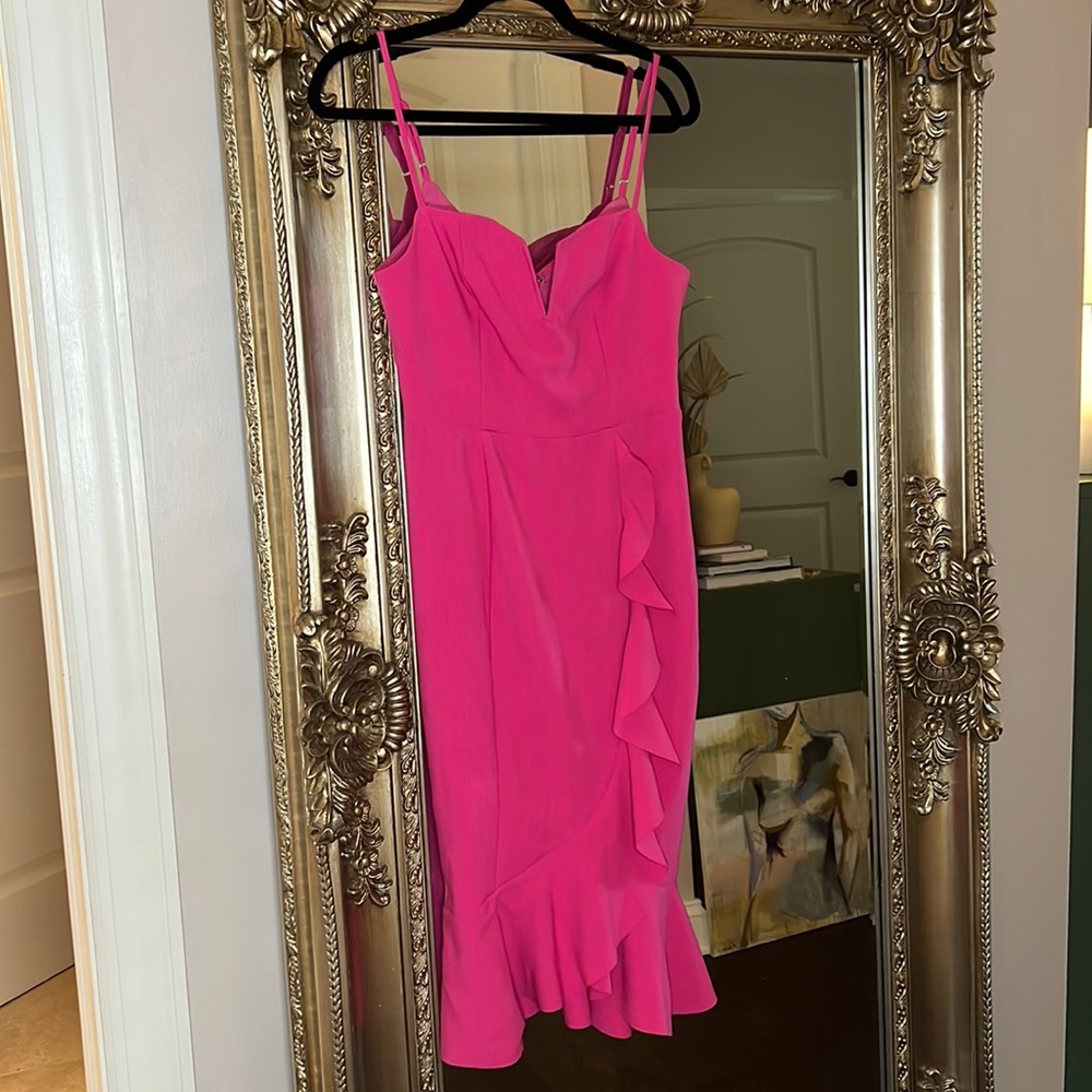 NWT S HOT PINK SPAGHETTI STRAP RUFFLE MIDI